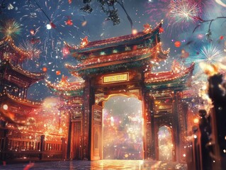 Fototapete - Vibrant Festive Gate at Night with Fireworks and Lanterns