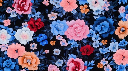 Fototapete - Vibrant Floral Pattern on Dark Background