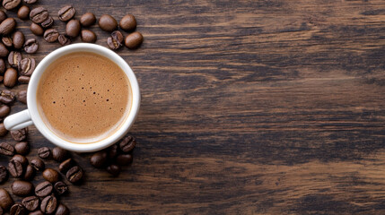 Poster - Aromatic cup of espresso with coffee beans on dark wood, top view, copy space. : Generative AI