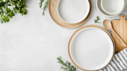 Aufkleber - Empty white plates on jute placemats, with fresh herbs and wooden kitchen utensils, arranged on a light gray textured surface.  A minimalist, clean aesthetic. : Generative AI