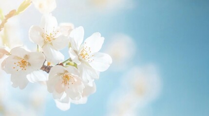 Poster - Delicate white cherry blossoms gently sway in a soft blue sky, bathed in sunlight, creating a serene and peaceful springtime scene. : Generative AI