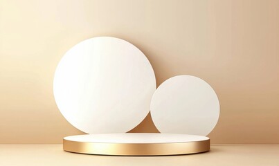 Leinwandbilder - Elegant gold and white podium with two large circles as backdrop, ideal for product display or cosmetic presentation. : Generative AI
