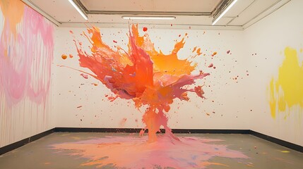 Poster - Spectacular eruption of vibrant paint colors covering studio walls and floor