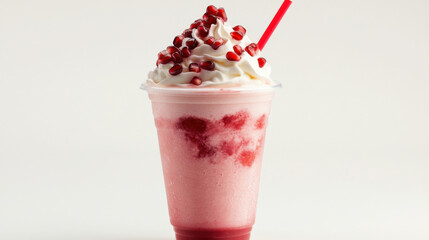 Aufkleber - Refreshing pomegranate smoothie topped with whipped cream and pomegranate seeds, served in a clear plastic cup with a red straw. : Generative AI