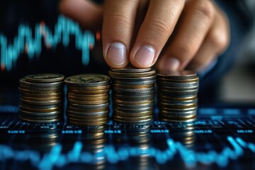 Leinwandbilder - A hand carefully places a coin atop stacks of currency, symbolizing financial growth and investment against a backdrop of a dynamic stock market graph. : Generative AI