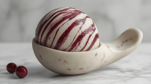 A 3D rendering of a white chocolate and cranberry swirl ice cream scoop, set on a white background