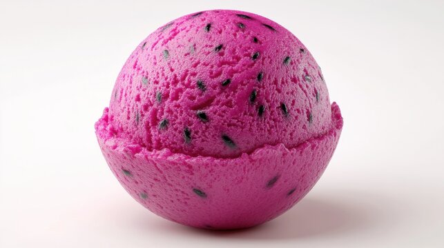 A 3D rendering of a vibrant pink dragon fruit sorbet scoop, set on a white background 