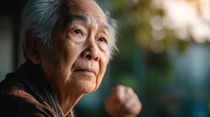 Poster - Portrait of a pensive elderly Asian man, his weathered face reflecting a lifetime of experiences, gazing thoughtfully into the distance against a softly blurred natural background. : Generative AI