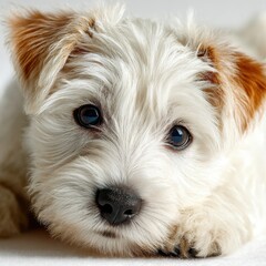 Poster - Adorable white puppy with tan ears rests its head on a white surface, showcasing its fluffy fur and expressive dark eyes.  A close-up portrait highlighting the dog's innocent and charm : Generative AI