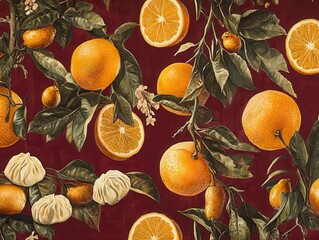 Aufkleber - Vibrant Orange Fruit Pattern on Dark Red Background