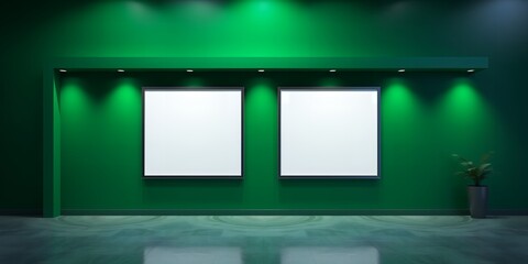 Poster - Two blank white frames on a green wall with spotlights and a plant in a gray pot nearby