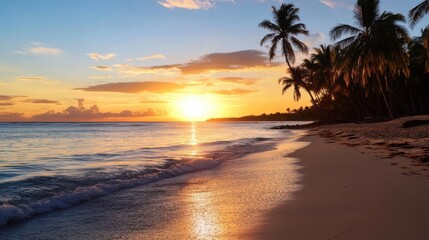 Poster - Serene tropical beach sunset with palm trees silhouetted against a vibrant orange and yellow sky, gentle waves lapping the shore. : Generative AI
