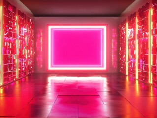 Fototapete - Vibrant Pink Neon Room with Geometric Walls and Reflective Floor
