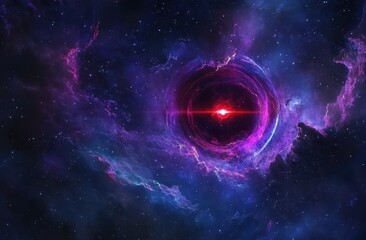Fototapete - Vibrant Purple Nebula with Red Core in Dark Space