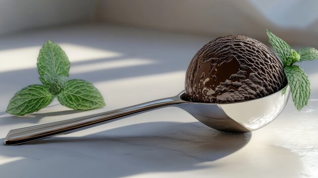 A 3D rendering of a rich dark chocolate and mint ice cream scoop, set on a white background 