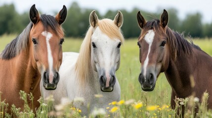 Poster - Three horses stand side by side in a summer meadow, their coats displaying shades of brown, white, and light gold, creating a picturesque rural scene. : Generative AI
