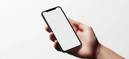 Poster - A hand holds a modern smartphone with a blank white screen, showcasing its sleek design and minimalist aesthetic against a clean white backdrop. : Generative AI