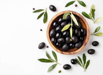 Aufkleber - A wooden bowl filled with glistening black olives, surrounded by fresh olive leaves and peppercorns, rests on a pristine white surface. : Generative AI