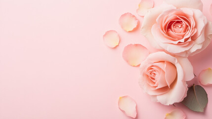 Poster - Two delicate pink roses and scattered petals on a soft pink background, creating a romantic and elegant floral arrangement. : Generative AI