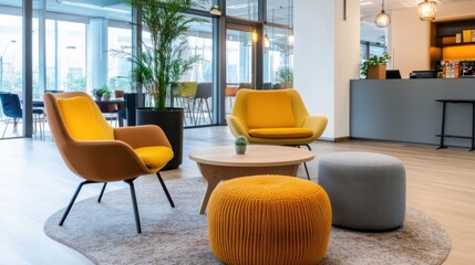 Aufkleber - Modern office lobby with yellow and mustard armchairs, grey poufs, and a wooden coffee table, creating a welcoming and stylish workspace. : Generative AI