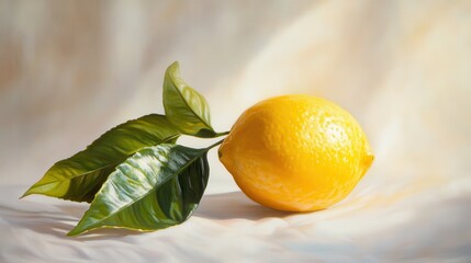 Aufkleber - Vibrant Yellow Lemon with Lush Green Leaves in a Still Life Painting