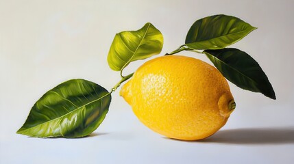 Aufkleber - Vibrant Yellow Lemon with Lush Green Leaves in a Realistic Still Life Painting
