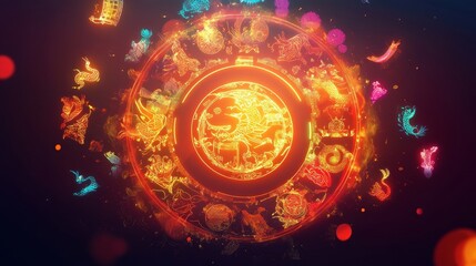 Poster - Vibrant Zodiac Wheel Glowing with Cosmic Energy
