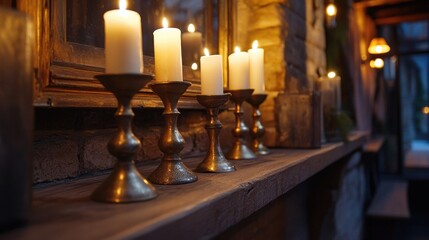 Aufkleber - Warm Candlelight on Rustic Wooden Mantel