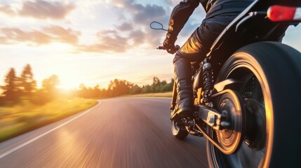 Aufkleber - Motorcyclist riding a powerful motorcycle on a scenic road at sunset, enjoying the thrill of speed and freedom. : Generative AI