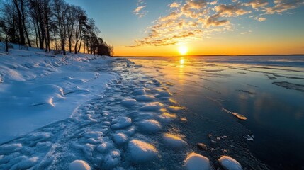 Poster - Stunning sunset over a frozen lake, with snow-covered shoreline and silhouetted trees.  Golden hour light reflects on the ice, creating a breathtaking winter scene. : Generative AI