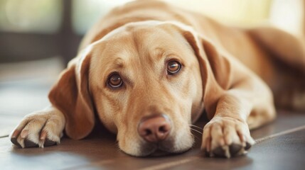 Poster - A golden labrador retriever rests its head on a dark surface, its soulful brown eyes gazing forward with a pensive expression.  The dog's fur is a light, warm tan, and its paws are nea : Generative AI