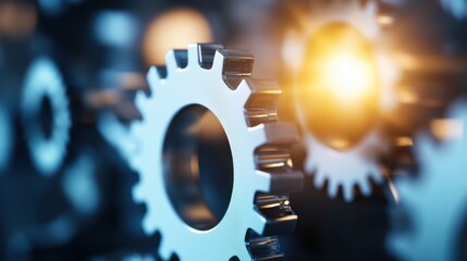 Aufkleber - Close-up of metallic gears intermeshing, showcasing intricate detail and a warm light source highlighting the precision engineering. : Generative AI