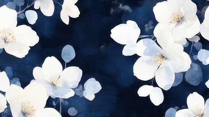 Fototapete - Watercolor White Flowers on a Dark Blue Background