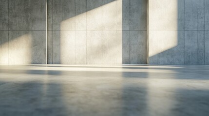 Poster - Sunlit Minimalist Concrete Room Interior:  Empty Space with Light and Shadow Patterns on Polished Floor and Wall : Generative AI