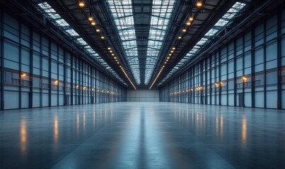 Poster - Vast, empty industrial warehouse with polished concrete floor and a high, metal-framed ceiling featuring skylights and rows of bright lights. : Generative AI