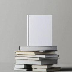 Poster - A blank white book rests atop a stack of various books, creating a minimalist and clean aesthetic, perfect for design projects or educational contexts. : Generative AI