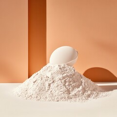 Leinwandbilder - White Egg Atop Flour Pile Against Orange Background