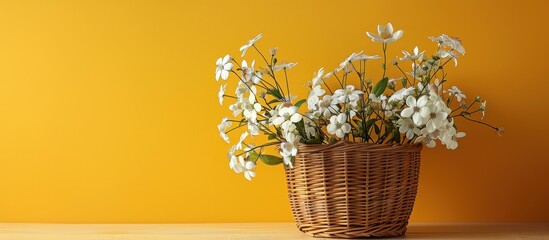 Aufkleber - White Flowers in Wicker Basket Against Yellow Wall