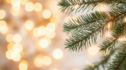 Poster - Close-up of a pine branch adorned with warm-toned fairy lights, set against a bokeh background of golden lights, evoking a cozy and festive atmosphere. : Generative AI
