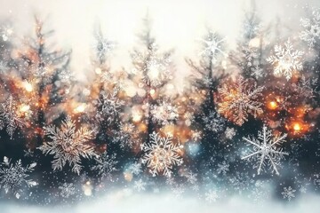 Poster - Winter Wonderland Forest Scene with Glowing Lights and Falling Snowflakes