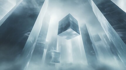 Poster - Abstract crystalline structure with floating cube in a foggy, light-filled space
