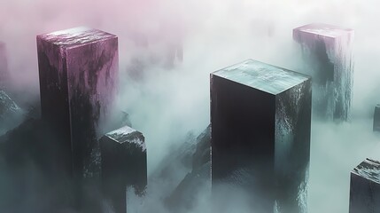 Poster - Abstract Surreal Landscape with Geometric Structures Emerging Through Mystical Haze