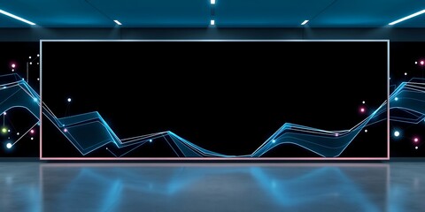 Poster - Illuminated stage with black backdrop and abstract geometric design in blue and pink lights