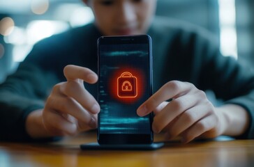 Poster - Person using smartphone with glowing padlock security icon displayed on screen, indicating online privacy and data protection. : Generative AI