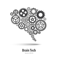 Poster - Concept of Engineer and Innovation. Brain Tech. Gears and cogs brain symbol. Human and Artificial Intelligence. Innovations powered by machine learning and Deep learning. Vector illustration.