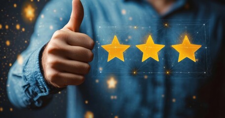 Poster - Person giving thumbs up gesture with three glowing gold stars representing a positive review or high rating. : Generative AI