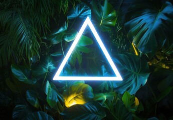 Fototapete - Luminous Triangle Neon Sign Framed by Lush Tropical Foliage, Vibrant Green Leaves Illuminated by Bright Light : Generative AI