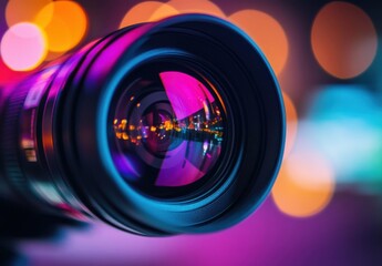Poster - Close-up view of a professional camera lens reflecting a vibrant cityscape at night, illuminated by colorful bokeh lights. : Generative AI