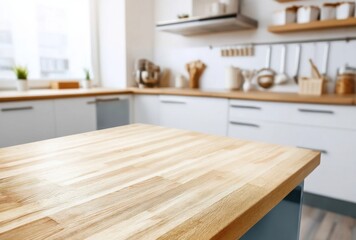 Leinwandbilder - Light wood kitchen counter top with blurred modern kitchen background.  Perfect for showcasing products or recipes. : Generative AI