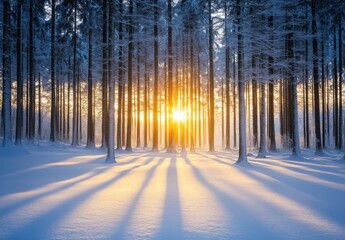 Poster - Golden sunset rays illuminate a snow-covered pine forest, casting long shadows across the pristine winter landscape.  The scene evokes tranquility and the beauty of a serene, snowy woo : Generative AI